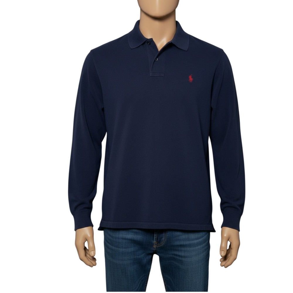 Polo Ralph Lauren Long Sleeve Pima Polo Mens L Navy Red Pony Custom Slim Prep